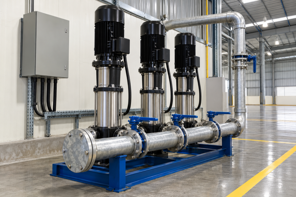 Row of vertical multistage water pumps on a steel skid in a Malaysian factory utility corner