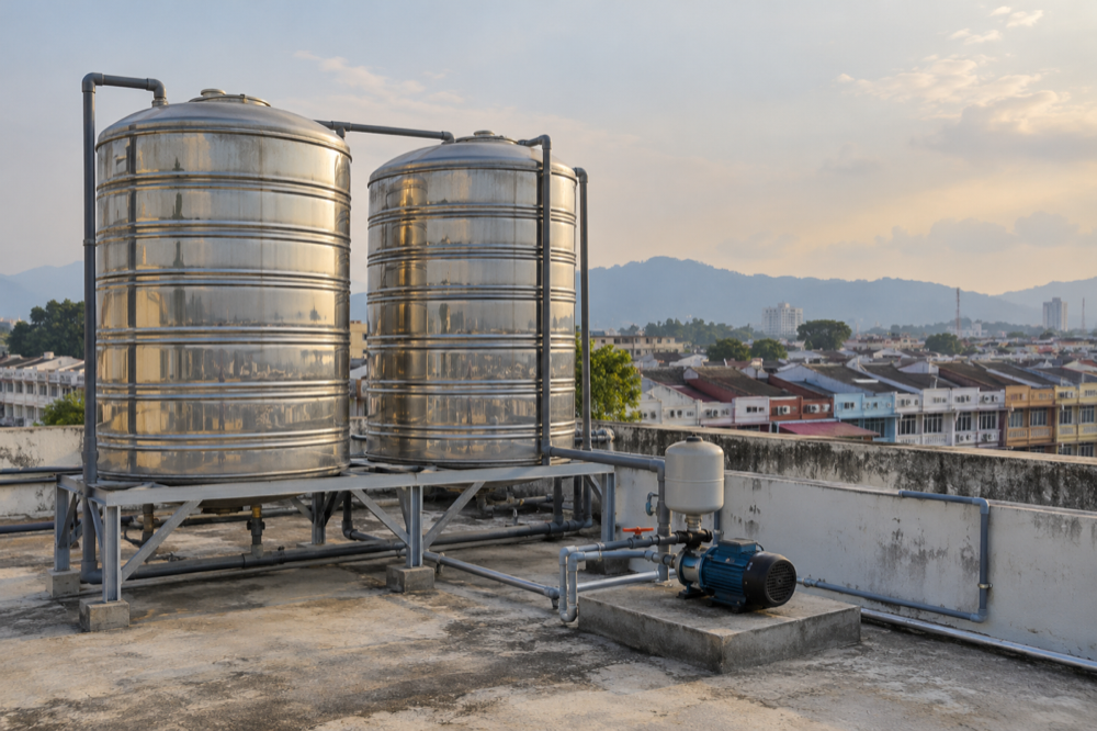 Booster pump and stainless water tanks on a three-storey shophouse rooftop in Malaysia