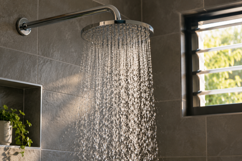 Strong rain-shower flow in an upper-floor bathroom of a Malaysian link house — booster pump application