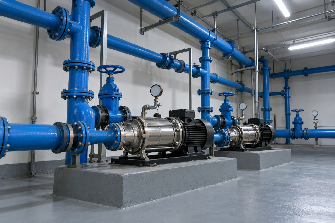 Plant room with booster pump sets and pipework